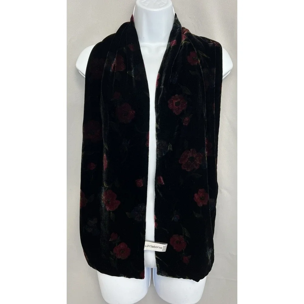 VTG Liz Claiborne Red Black Winter Velvet Silk Floral Scarf Women 58